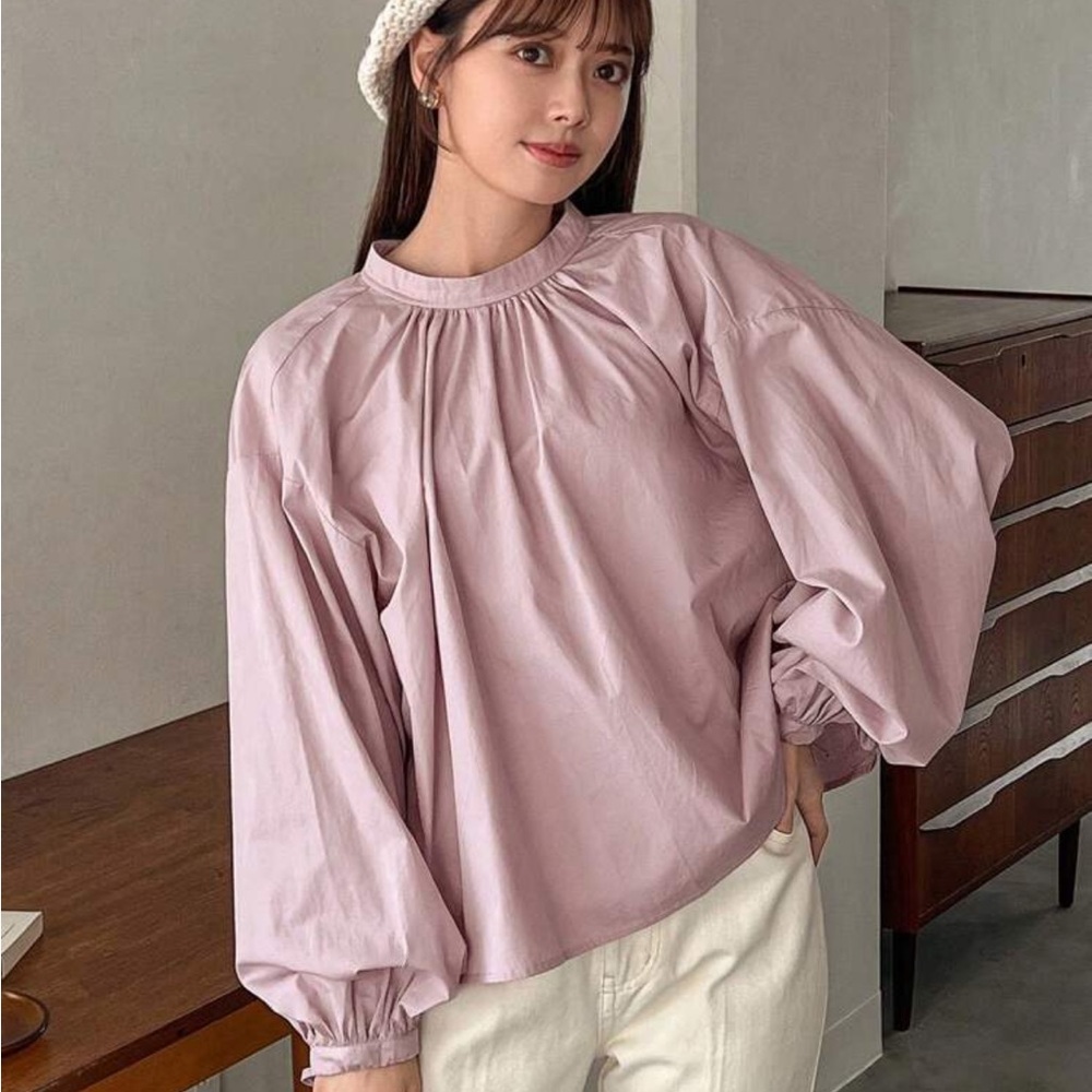 Pink puff sleeve poplin style tie neck top - Picture 4 of 6